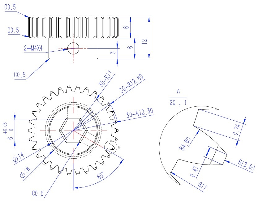76500H-30-Tooth -6mm-Hex-Shaft-Gear-CAD Drawing